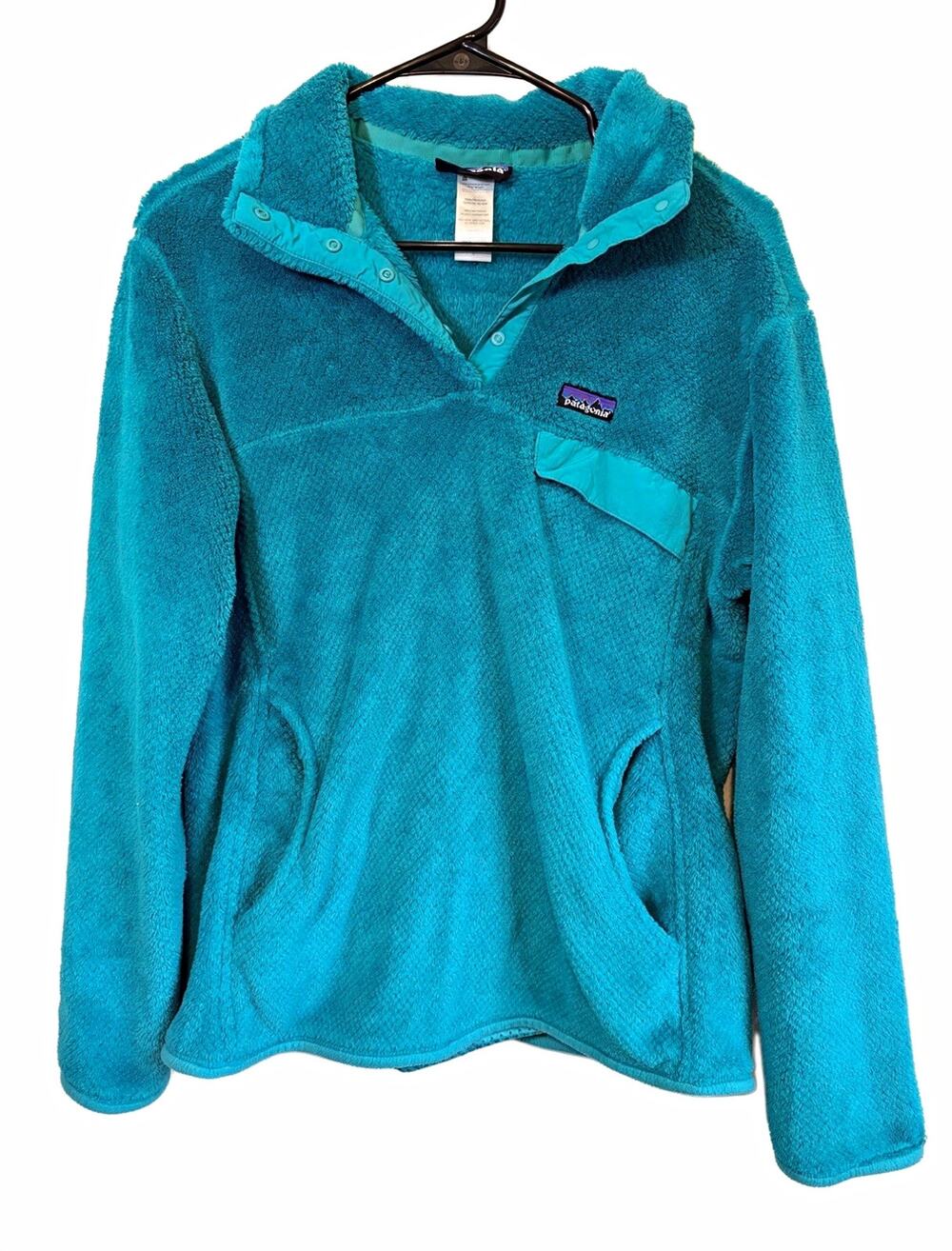 Patagonia Women’s L Blue Fleece Pullover Hoodie, Hooded Pockets Logo